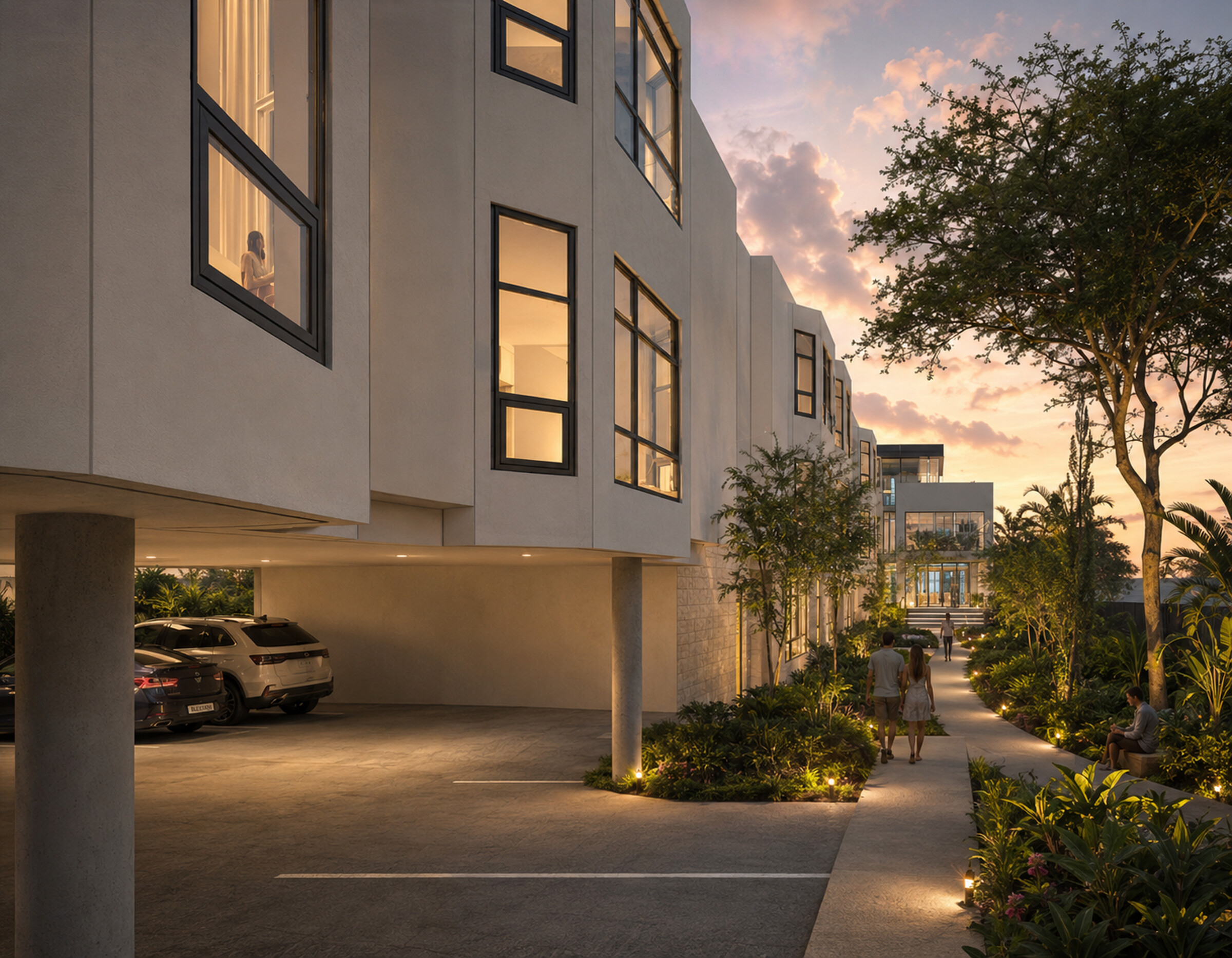 Dusk view along the landscaped pedestrian promenade at EPEE Domaine, with covered parking beneath the apartment building and the private family residence at the rear.