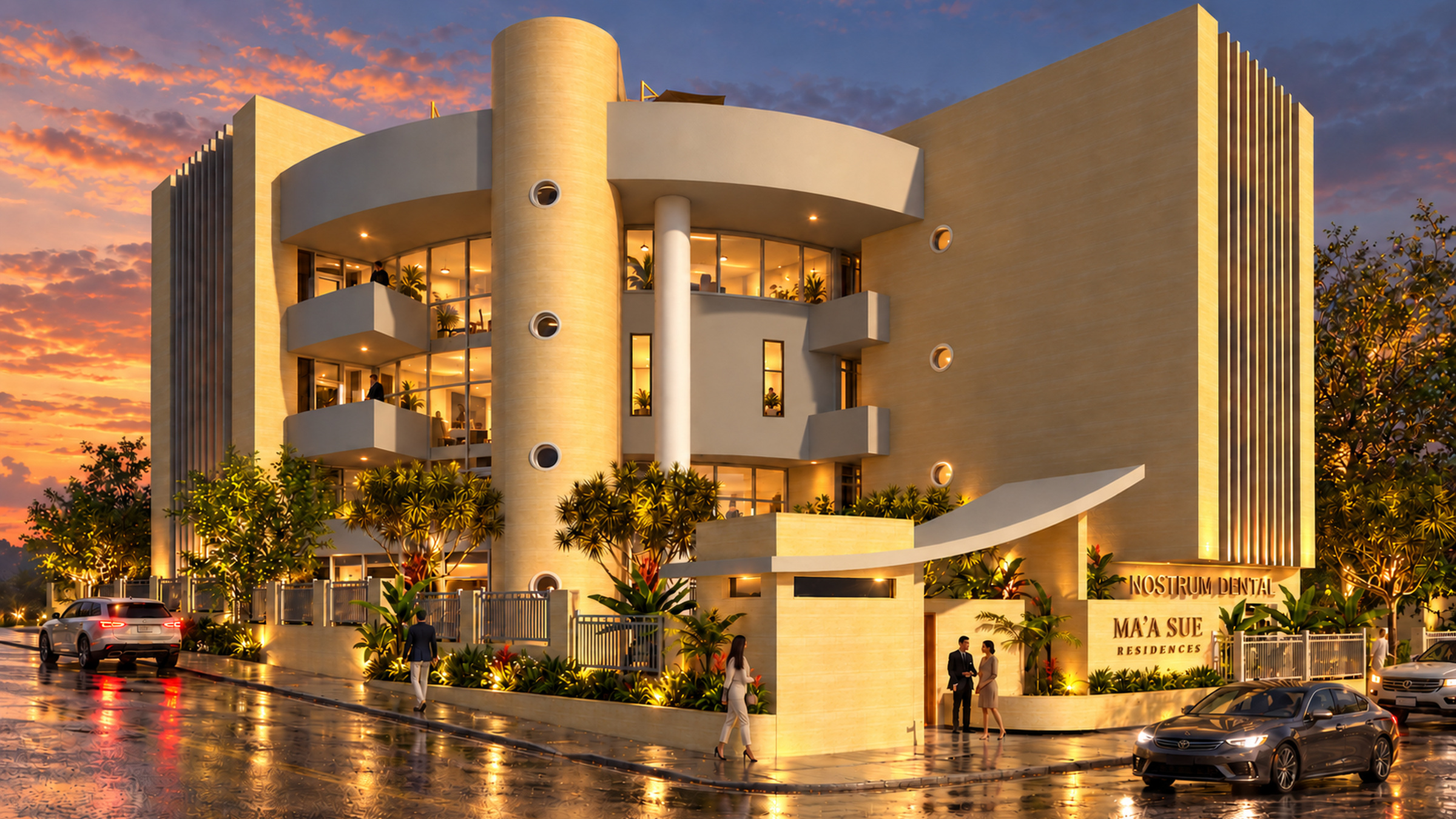 Full sunset corner view of Ma’a Sue Residences, showing the complete façade, curved entrance canopy, residential arrival, Nostrum Dental storefront, tropical planting, and surrounding street.