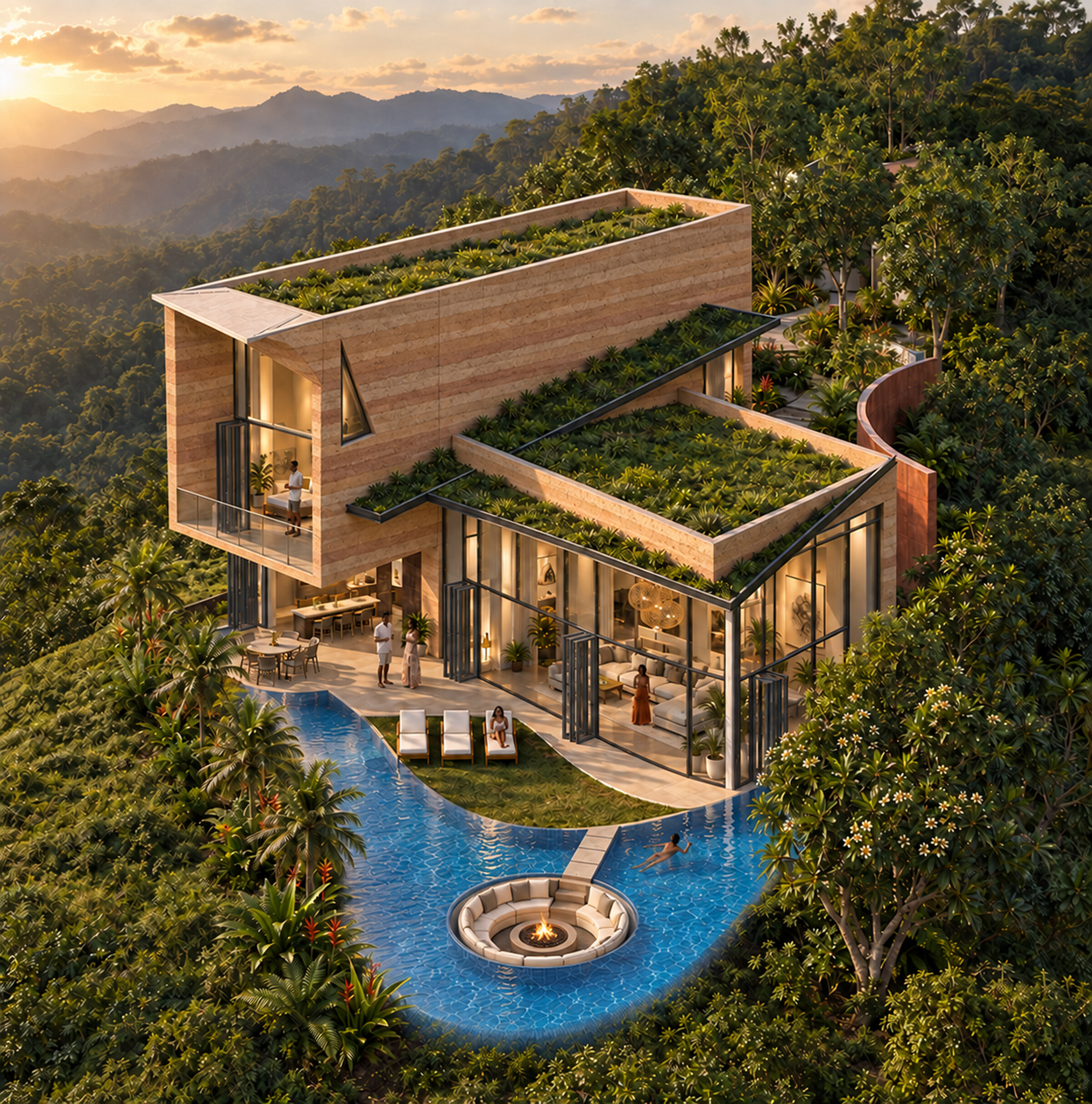 Elevated view of Maison des Nuages showing the glazed living pavilion, rammed earth sleeping volume, planted roofs, terrace, pool, and a circular fire lounge with built-in seating set within the water above the valley.
